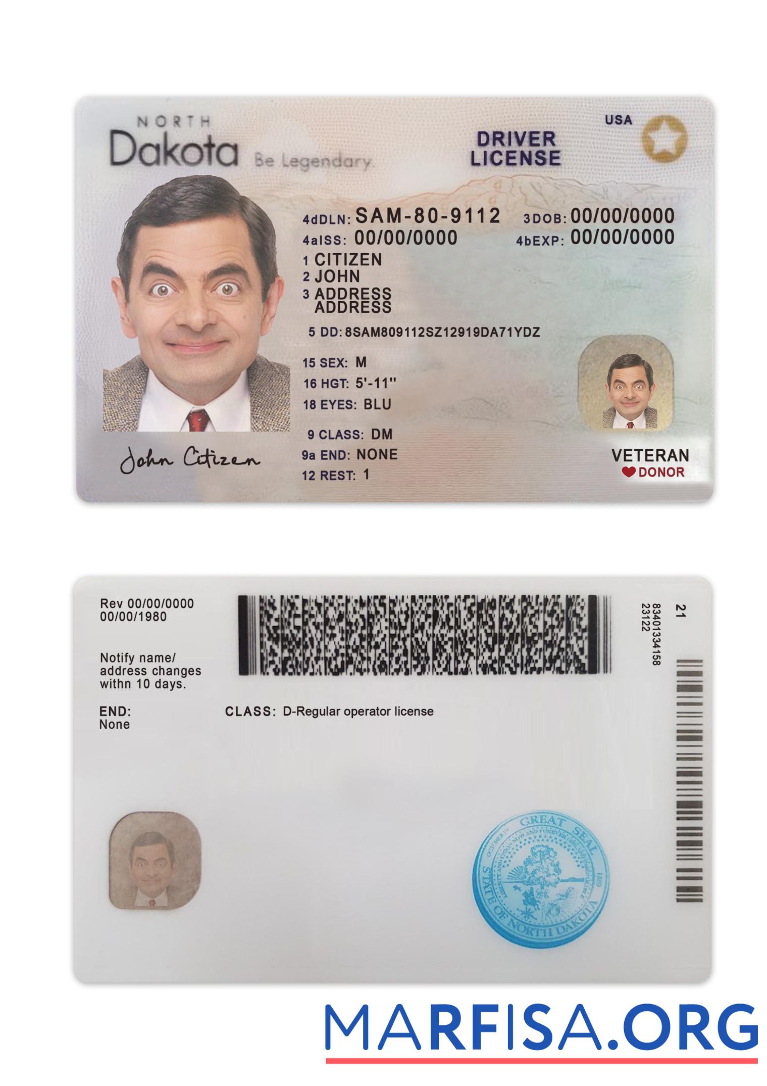 Downloadable USA North Dakota driving license 2023 present sample